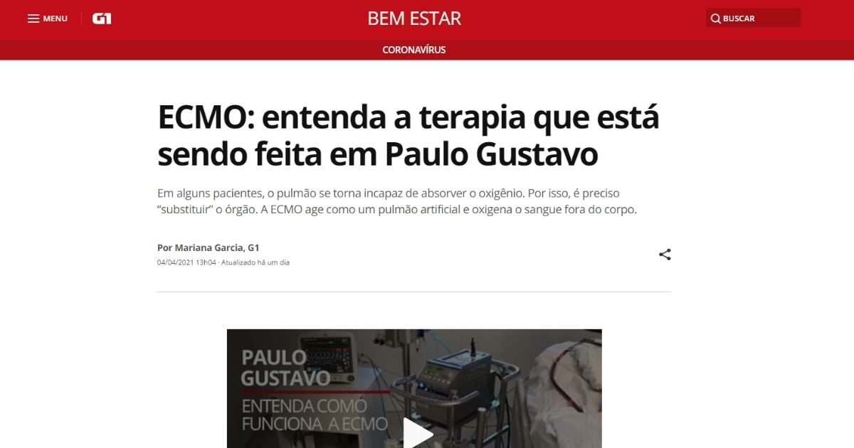 Dra. Rafaella Gato fala sobre Ecmo em matéria do portal G1 Dra. Rafaella Gato fala sobre Ecmo em matéria do portal G1